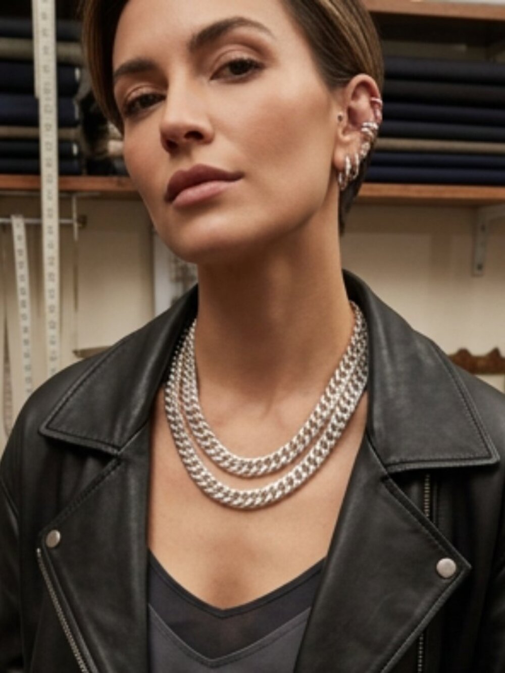 NEW Women Silver Metal Chain Heavy Link 2 Strands Necklace + Earrings Set WN46